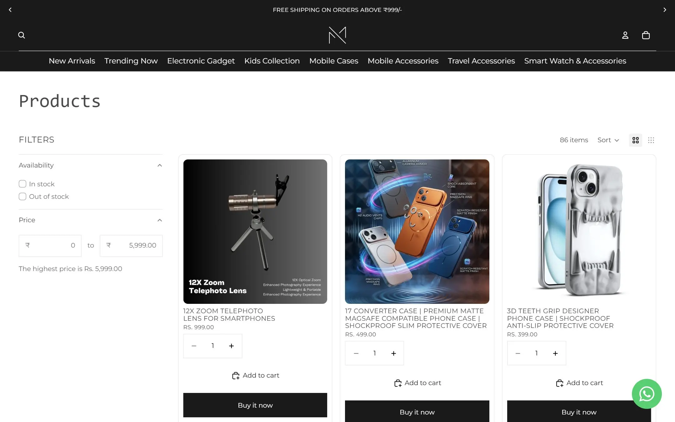 Adil Mobile Shop: Collection page with filters and quick buy buttons